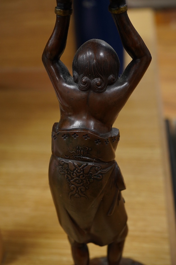 A pair of Japanese patinated metal figures of Ashinaga and Tenaga, Meiji period, 30cm